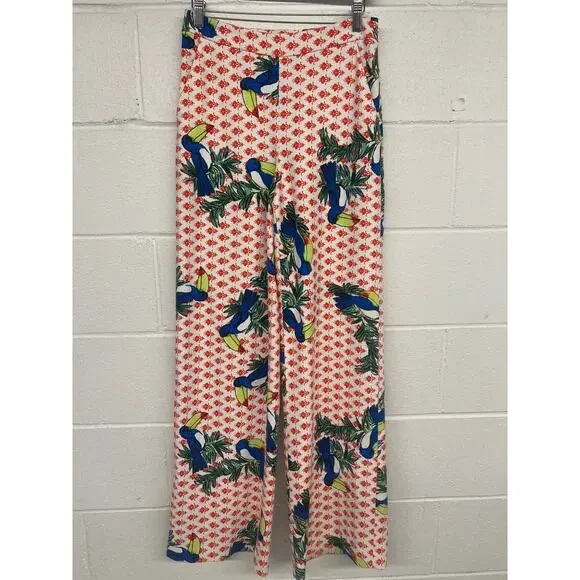 Badgley Mischka Sz 0 Parrot Orange Blue Print Wide Leg Tropical Resort Pants - Picture 3 of 5